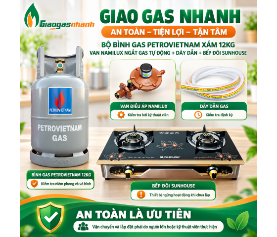 Bộ Bình Gas 12kg Bếp Đôi Sunhouse