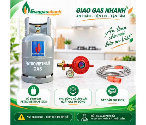 Bộ Bình Gas 12kg + Van Đồng Hồ Ngắt Gas Tự Động+ Dây Dẫn Inox