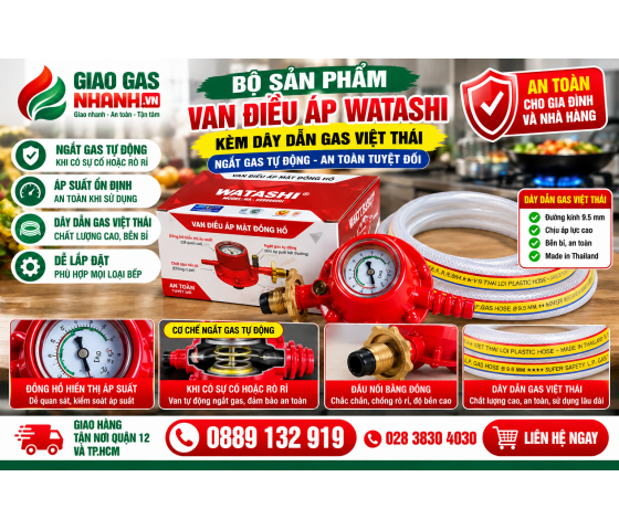 Van Gas WATASHI Có Đồng Hồ + Dây Gas Việt Thái | Bảo Hành 2 Năm